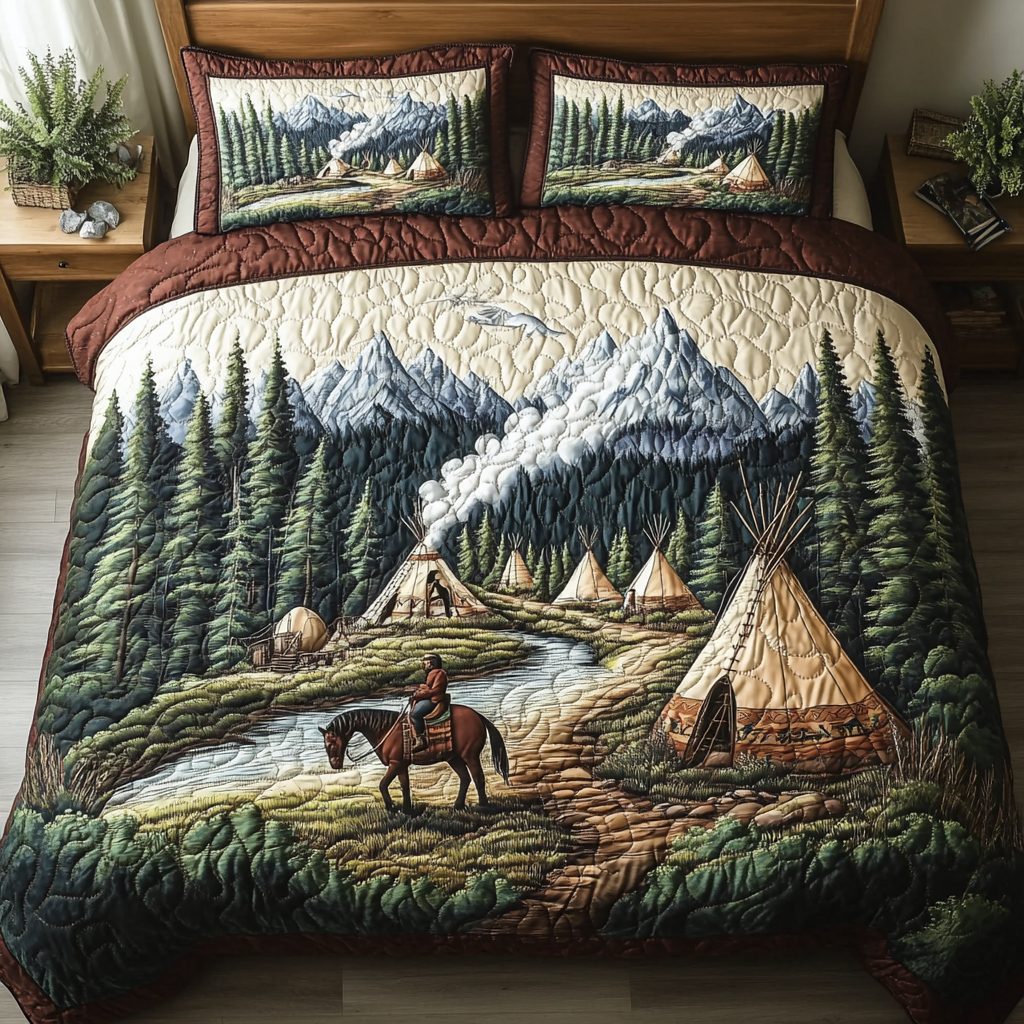 Tipi Adventure quilted 3-piece bedding set on a made bed in a winter-styled bedroom