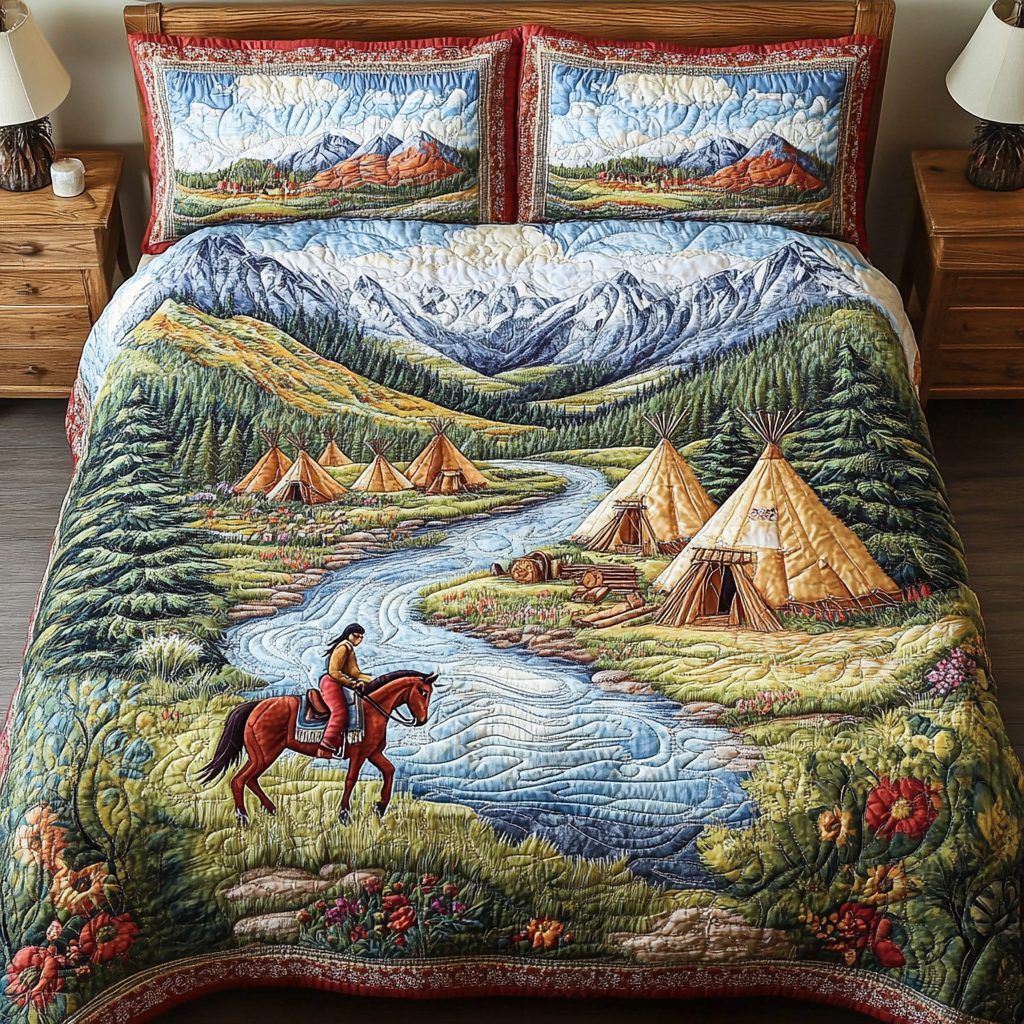 Tipi River quilted 3-piece bedding set on a made bed with two matching pillow shams