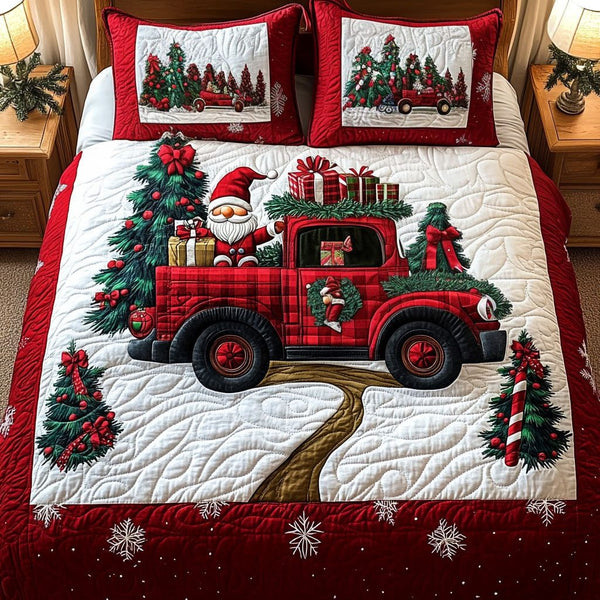 Tis the Season quilted 3-piece bedding set on a made bed with two matching pillow shams