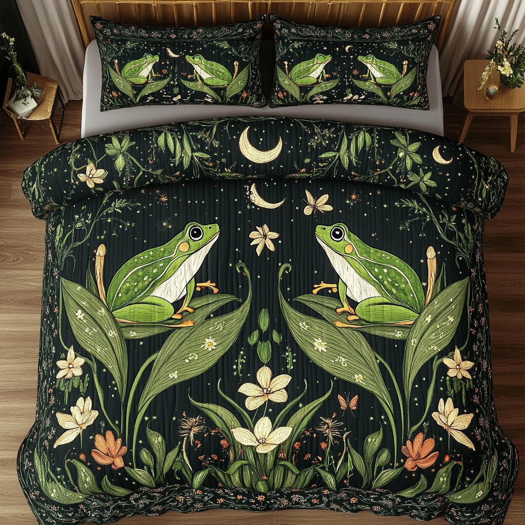 Toad Bloom quilted 3-piece bedding set on a made bed with two matching pillow shams