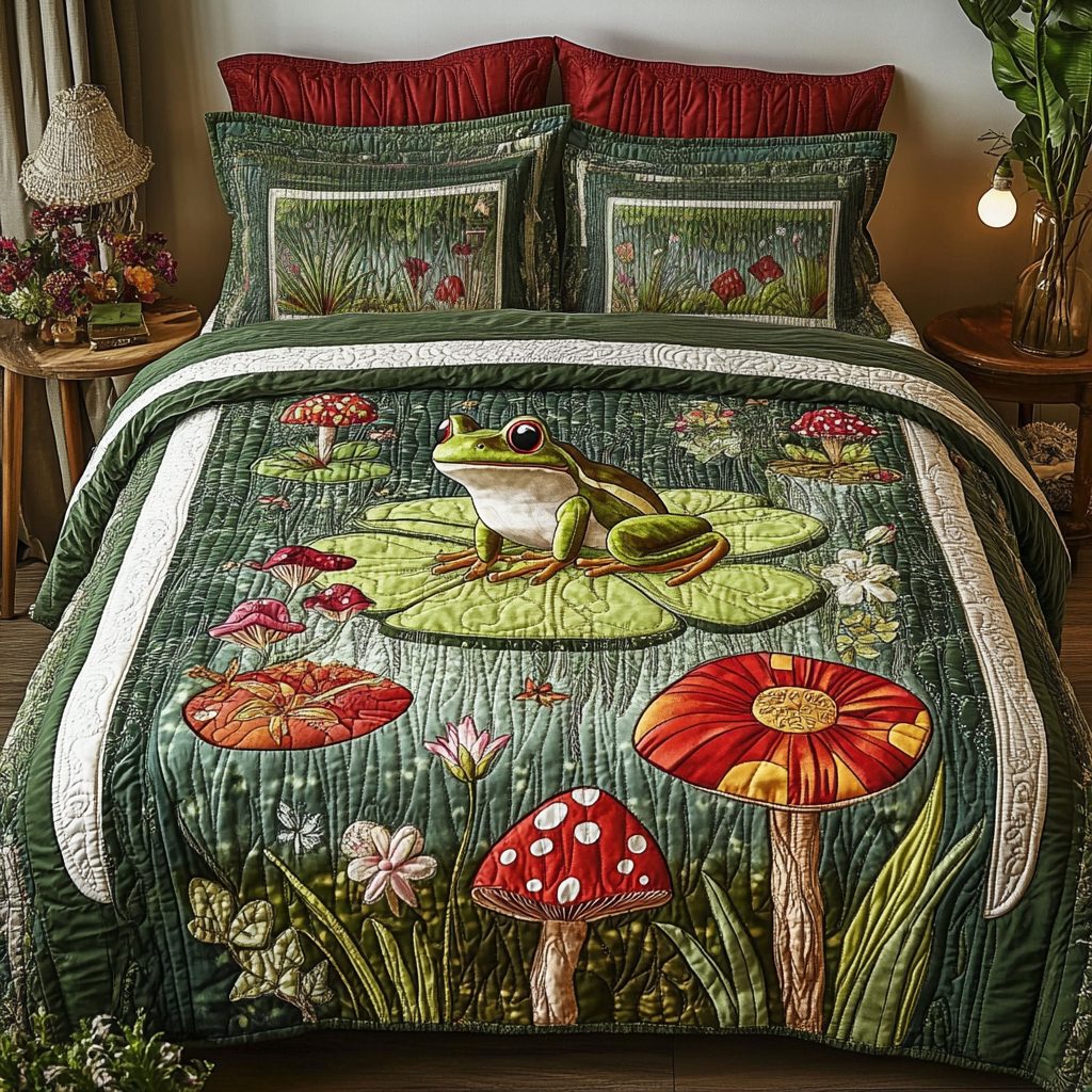 Toad Tranquility quilted 3-piece bedding set on a made bed with two matching pillow shams