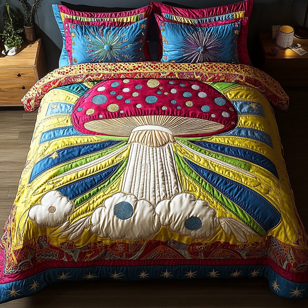 Toadstool Charm quilted 3-piece bedding set on a made bed with two matching pillow shams