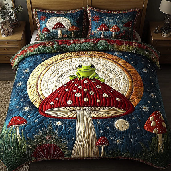Toadstool Dreams quilted 3-piece bedding set on a made bed with two matching pillow shams