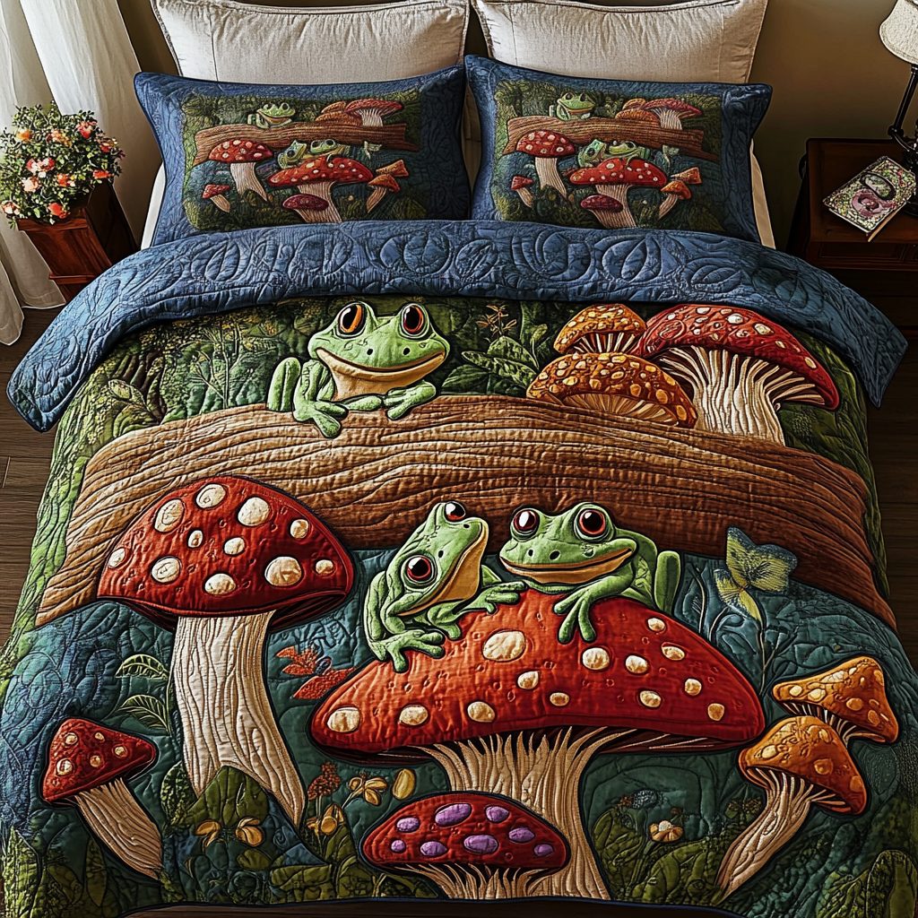 Toadstool Tales quilted 3-piece bedding set on a made bed with two matching pillow shams