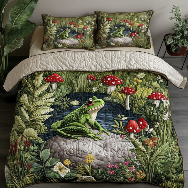 Toadstool Tales quilted 3-piece bedding set on a made bed with two matching pillow shams