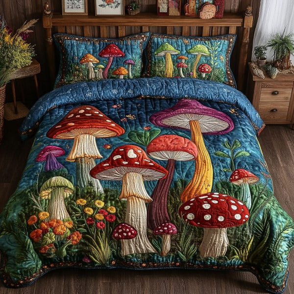 Toadstool Trail quilted 3-piece bedding set on a made bed with two matching pillow shams