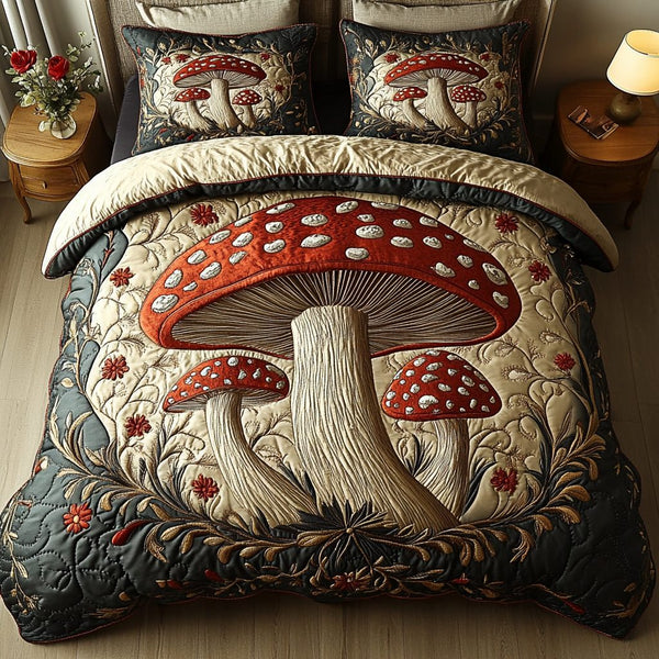 Toadstool Twilight quilted 3-piece bedding set on a made bed with two matching pillow shams
