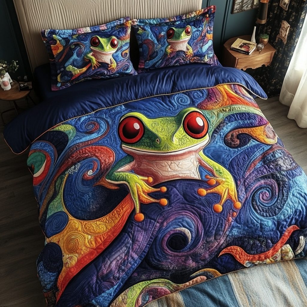Toadstool Whisper quilted 3-piece bedding set on a made bed with two matching pillow shams