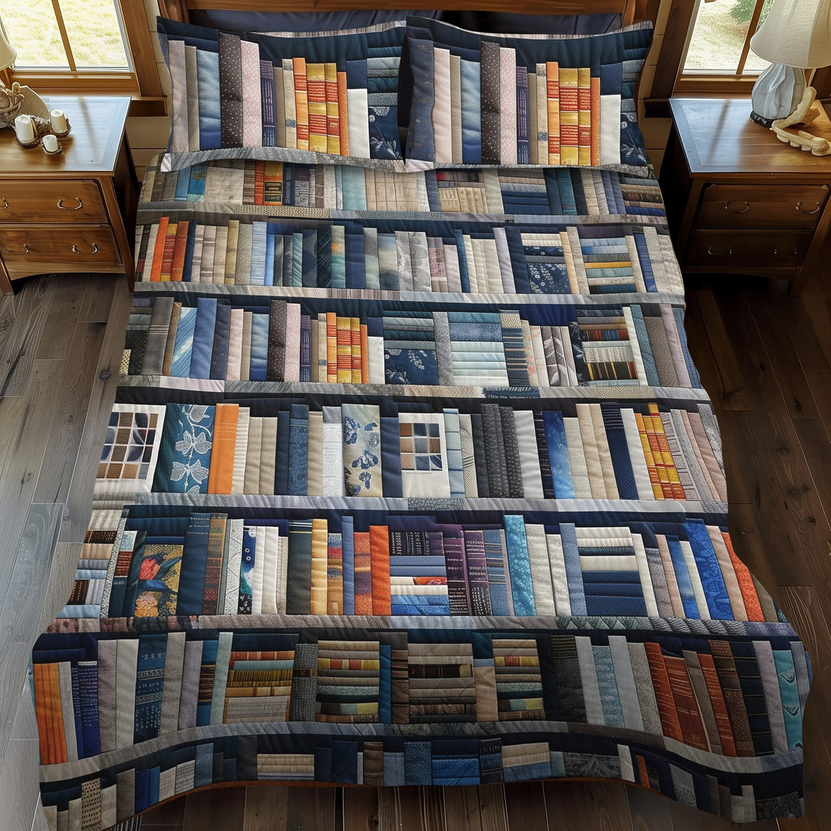Tome Terrace quilted 3-piece bedding set on a made bed with two matching pillow shams