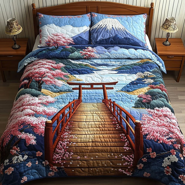 Torii at Dusk quilted 3-piece bedding set on a made bed with two matching pillow shams