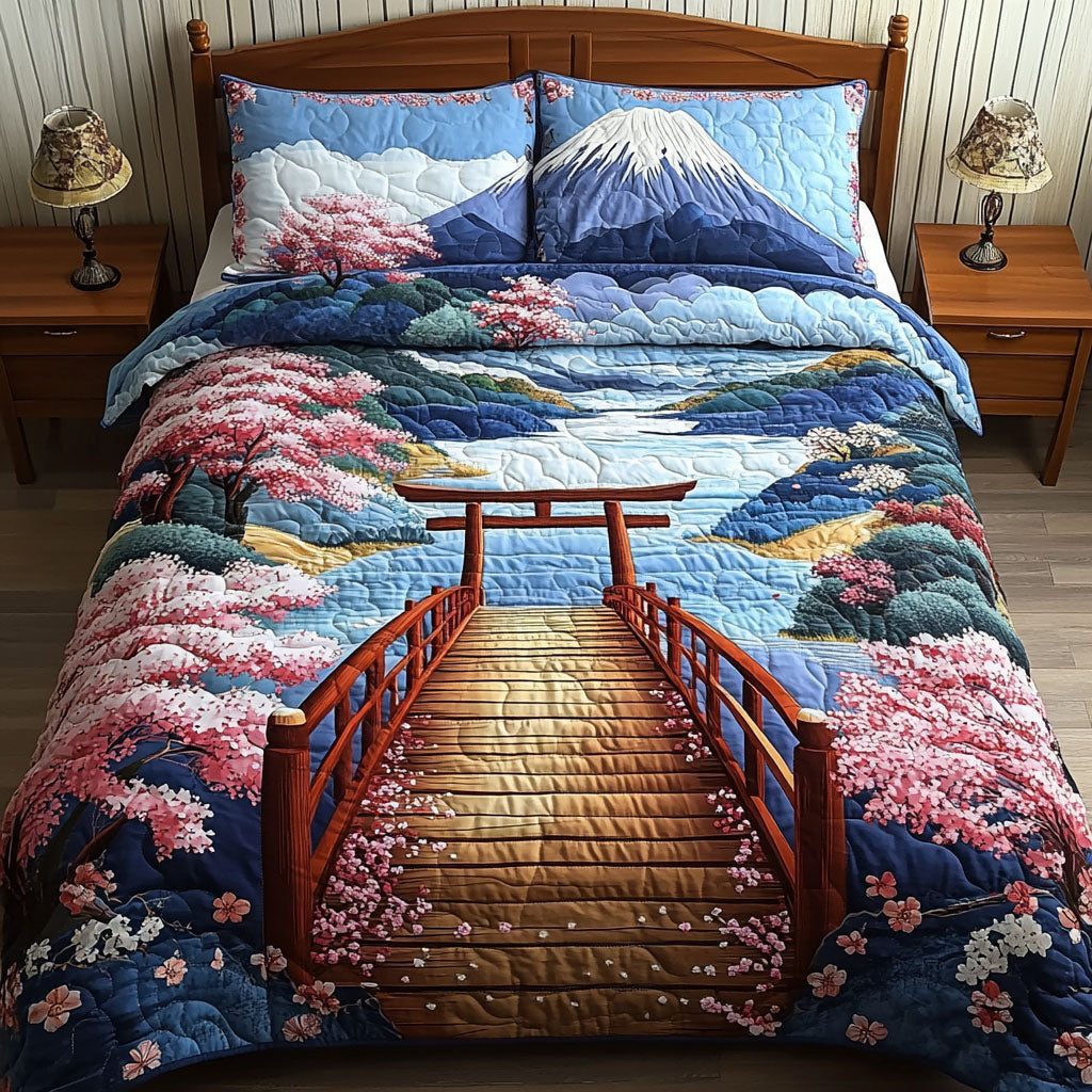 Torii at Dusk quilted 3-piece bedding set on a made bed with two matching pillow shams