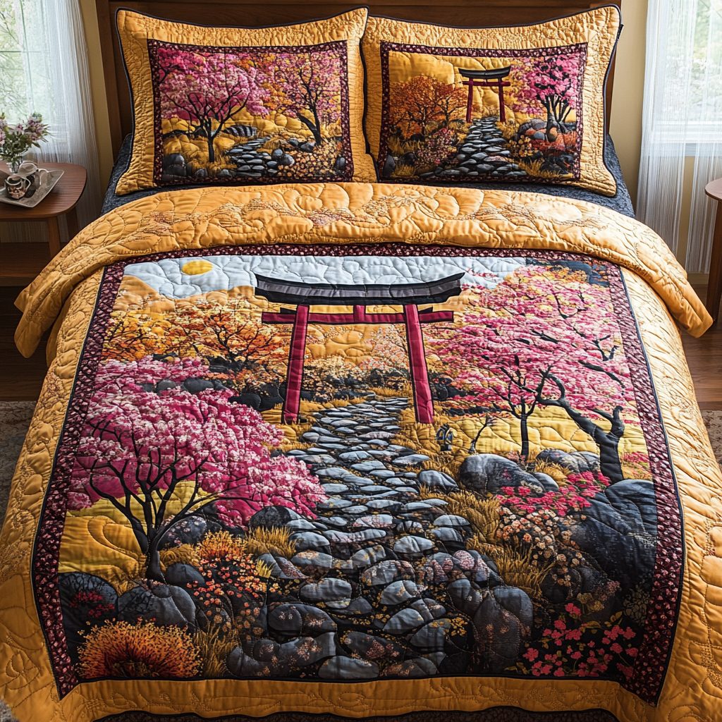 Torii Gate Delight quilted 3-piece bedding set on a made bed with two matching pillow shams