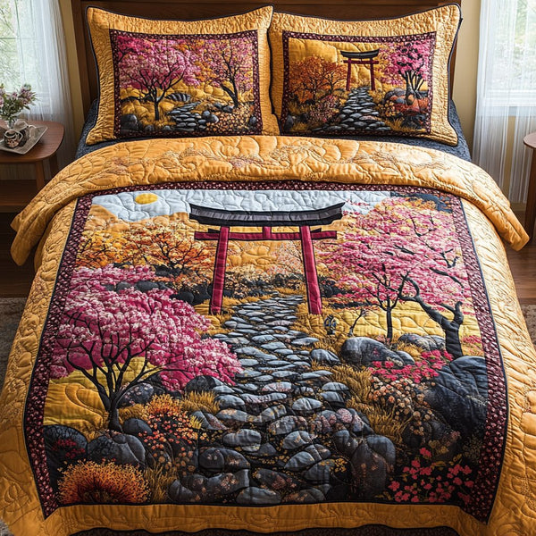 Torii Gate Delight quilted 3-piece bedding set on a made bed with two matching pillow shams