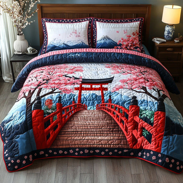 Torii Gate Serenity quilted 3-piece bedding set on a made bed with two matching pillow shams
