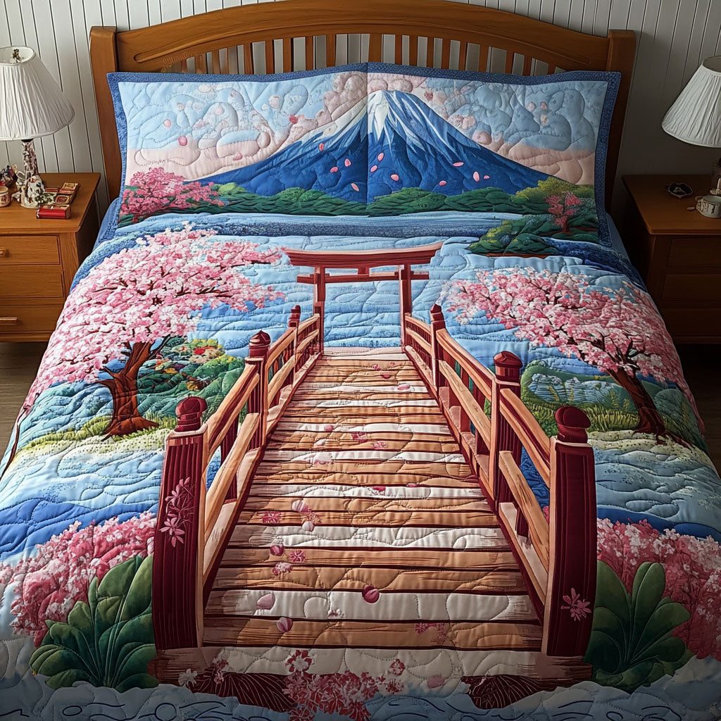 Torii Horizon quilted 3-piece bedding set on a made bed with two matching pillow shams