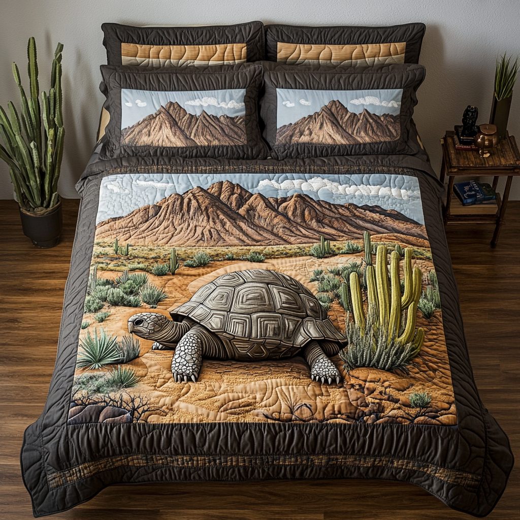 Tortoise Trek quilted 3-piece bedding set on a made bed with two matching pillow shams
