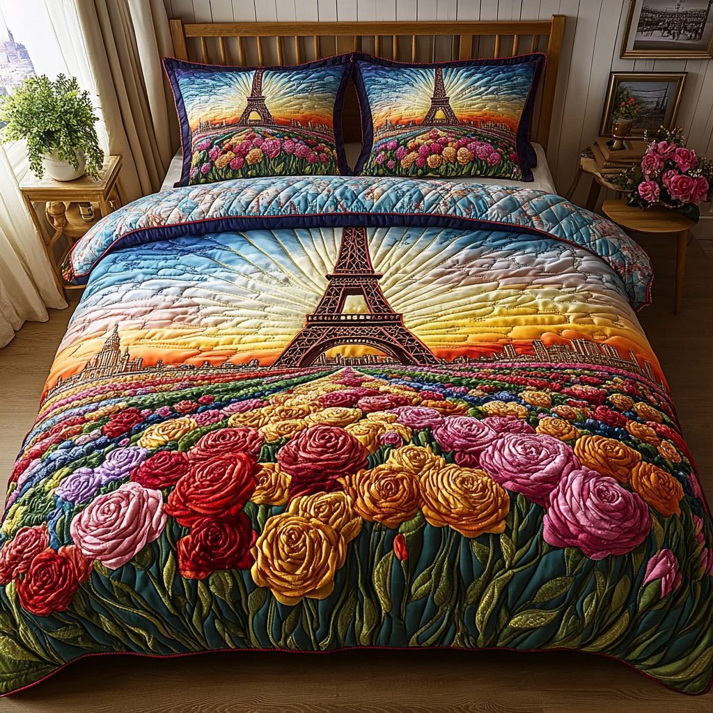Tower Sparkle quilted 3-piece bedding set on a made bed with two matching pillow shams