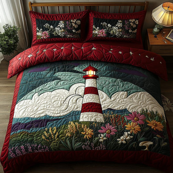 Towering Guide quilted 3-piece bedding set on a made bed with two matching pillow shams