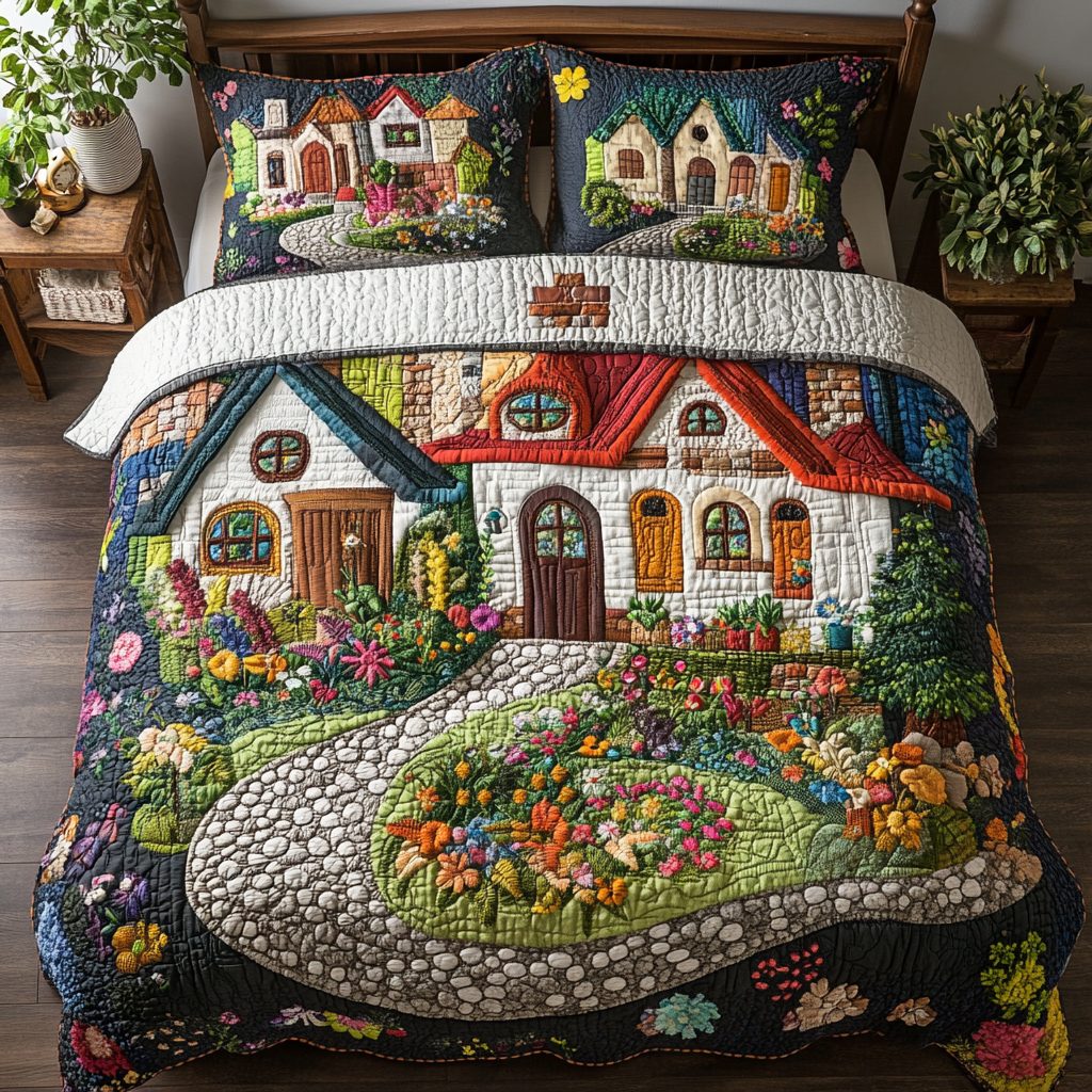 Town Breeze quilted 3-piece bedding set on a made bed with two matching pillow shams