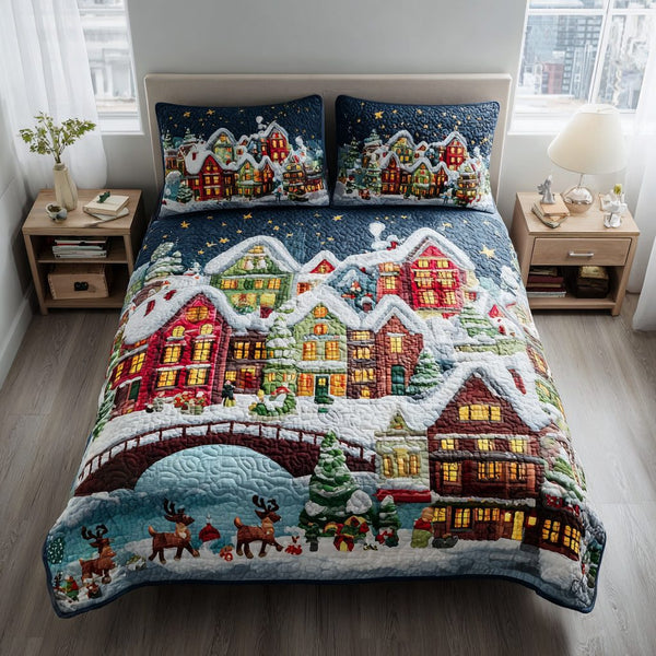 Town Christmas Village Bridge quilted 3-piece bedding set on a made bed in a winter-styled bedroom