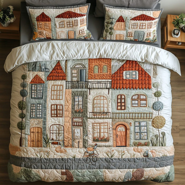 Town Horizon quilted 3-piece bedding set on a made bed with two matching pillow shams