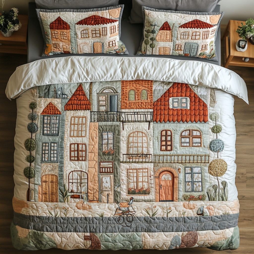 Town Horizon quilted 3-piece bedding set on a made bed with two matching pillow shams