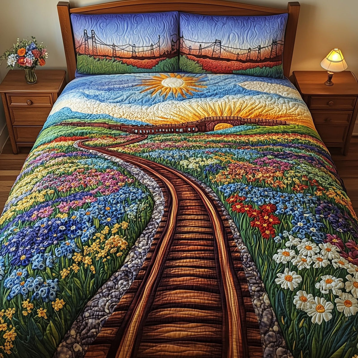 Tracks of Texas quilted 3-piece bedding set on a made bed in a rustic timber bedroom