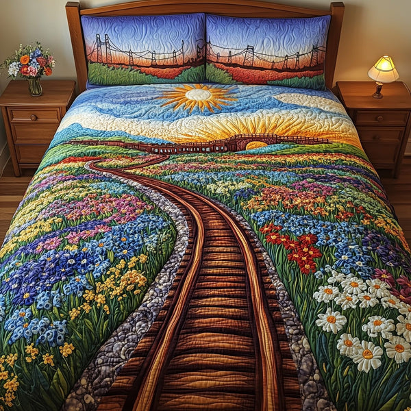 Tracks of Texas quilted 3-piece bedding set on a made bed in a rustic timber bedroom