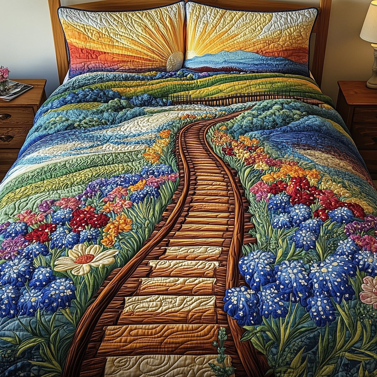 Tracks of Texas quilted 3-piece bedding set on a made bed in a rustic timber bedroom