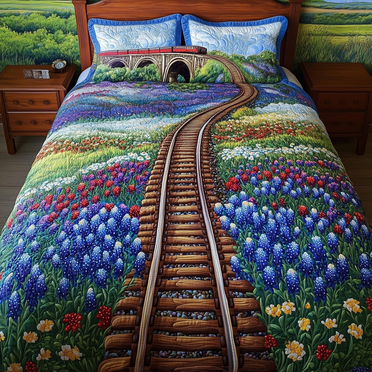Tracks of Texas quilted 3-piece bedding set on a made bed in a rustic timber bedroom