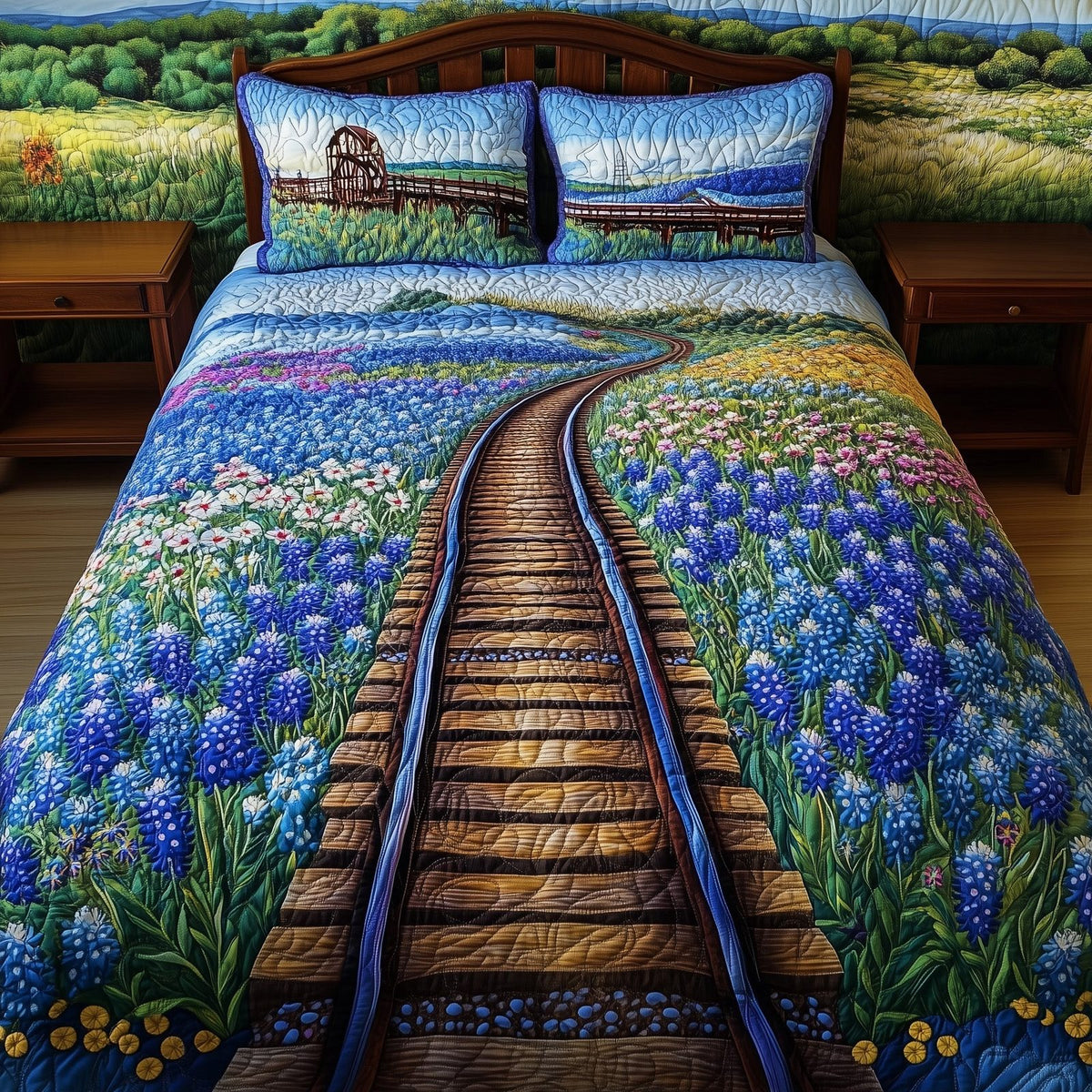 Tracks of Texas quilted 3-piece bedding set on a made bed in a rustic timber bedroom