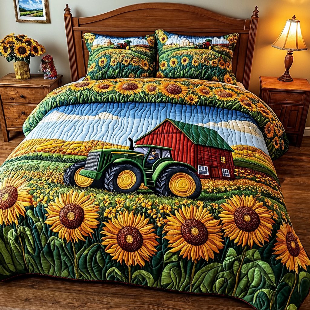 Tractor Bloom quilted 3-piece bedding set on a made bed with two matching pillow shams