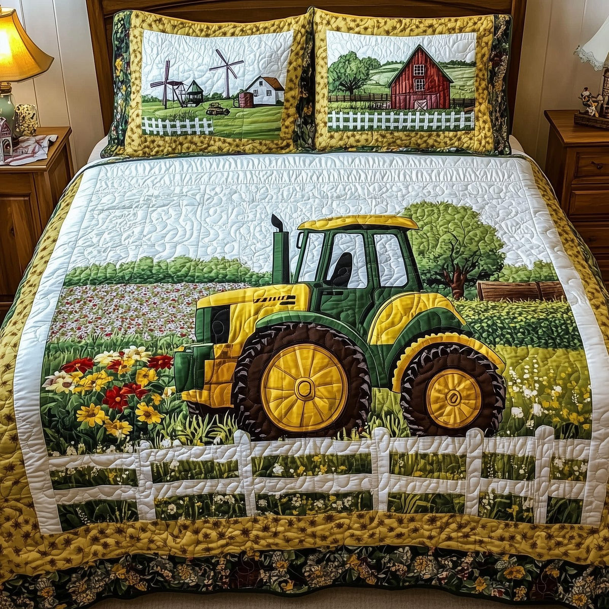 Tractor Dream quilted 3-piece bedding set on a made bed with two matching pillow shams