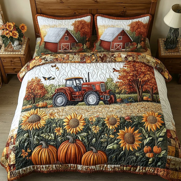 Tractor Dream quilted 3-piece bedding set on a made bed with two matching pillow shams