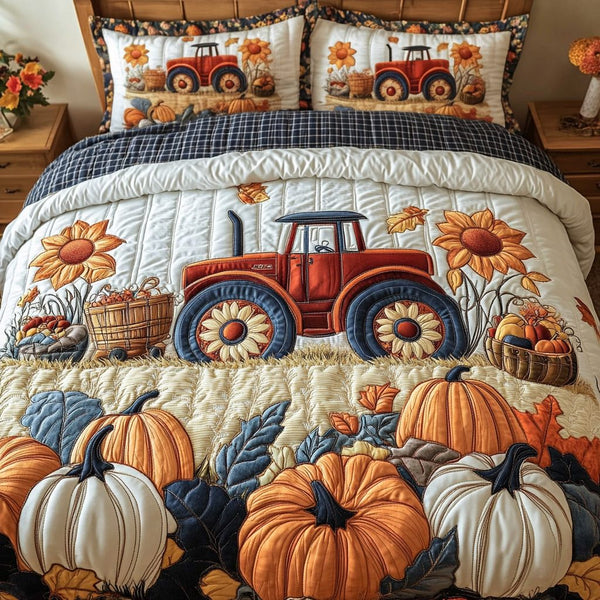 Tractor Harvest quilted 3-piece bedding set on a made bed with two matching pillow shams