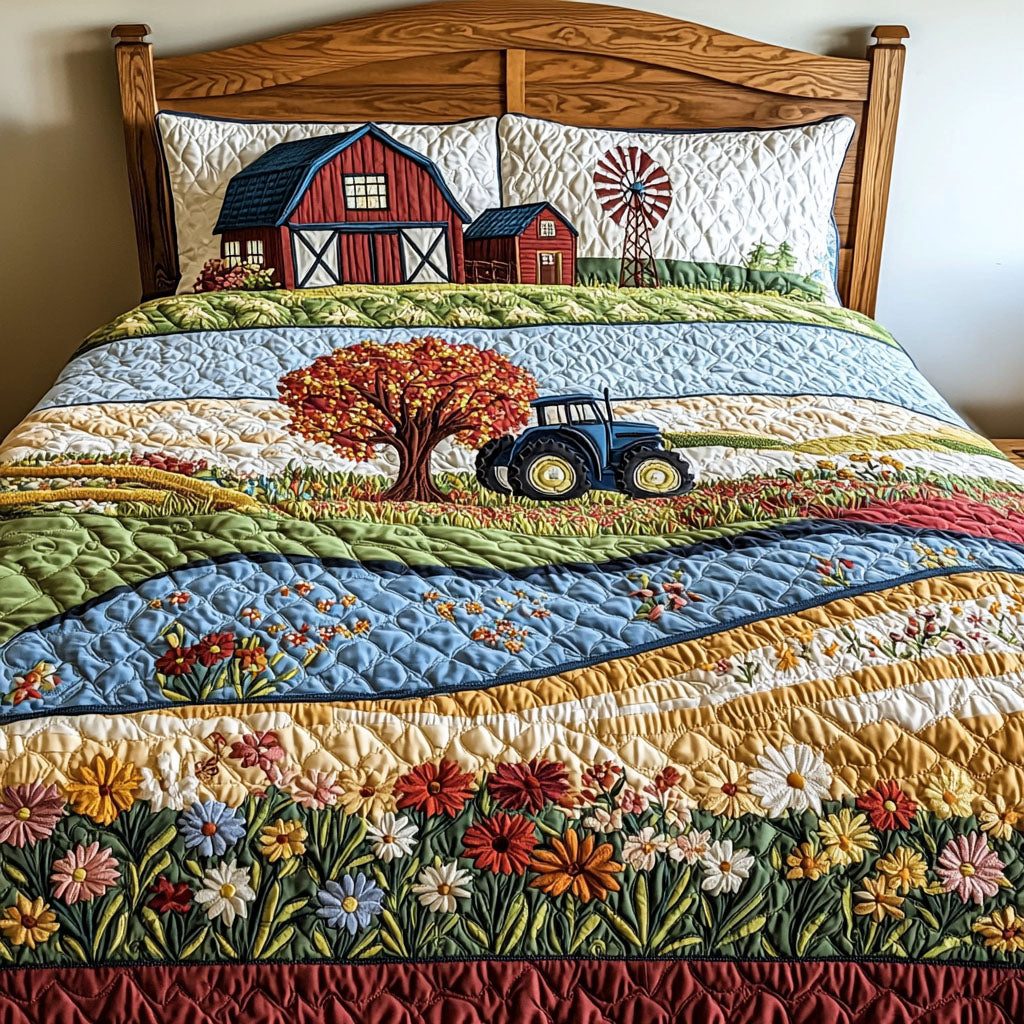 Tractor Journey quilted 3-piece bedding set on a made bed with two matching pillow shams