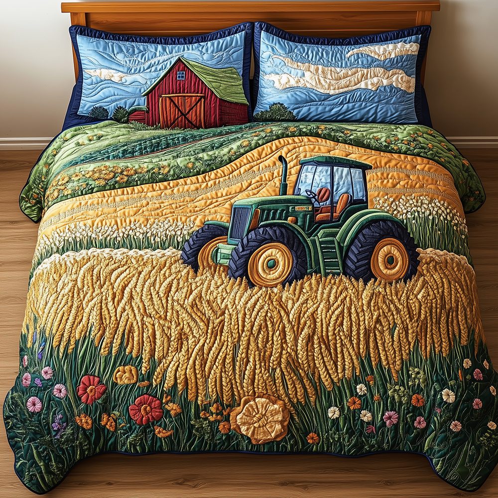 Tractor quilted 3-piece bedding set on a made bed with two matching pillow shams