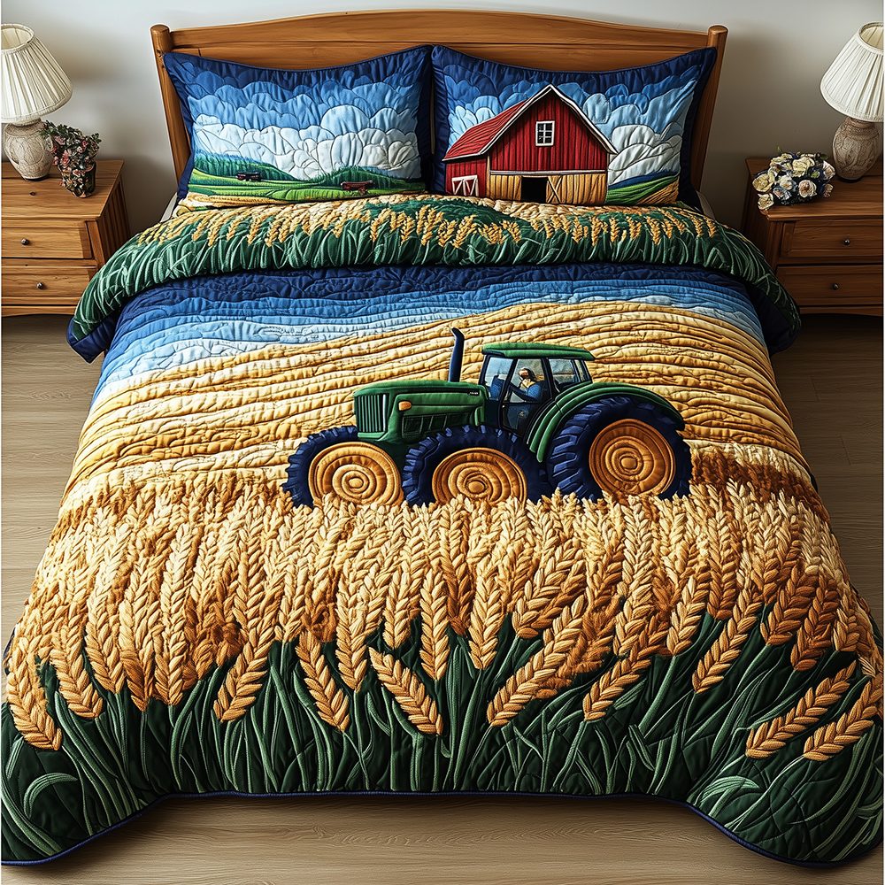 Tractor quilted 3-piece bedding set on a made bed with two matching pillow shams