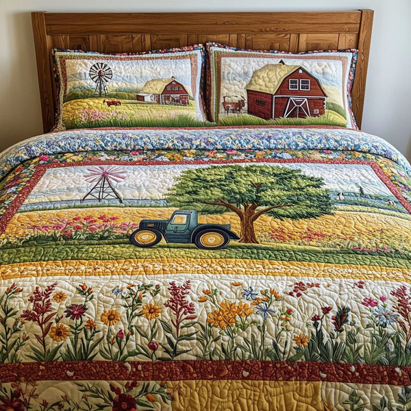 Tractor Sunrise quilted 3-piece bedding set on a made bed with two matching pillow shams
