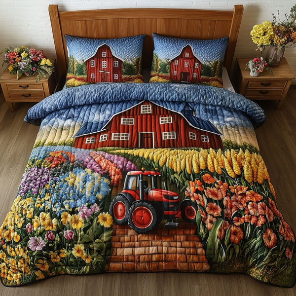 Tractor Trails quilted 3-piece bedding set on a made bed with two matching pillow shams