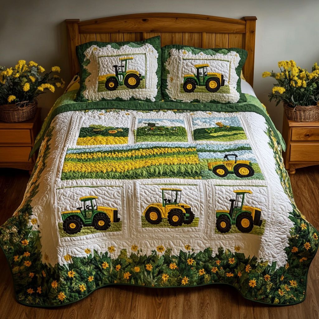 Tractor Trails quilted 3-piece bedding set on a made bed with two matching pillow shams