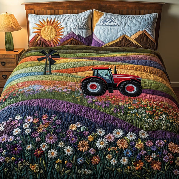 Tractor Windmill v2 quilted 3-piece bedding set on a made bed with two matching pillow shams