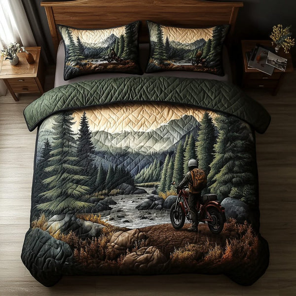 Trail Adventure quilted 3-piece bedding set on a made bed in a winter-styled bedroom
