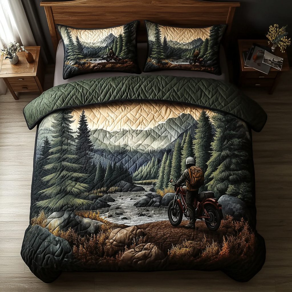 Trail Adventure quilted 3-piece bedding set on a made bed in a winter-styled bedroom