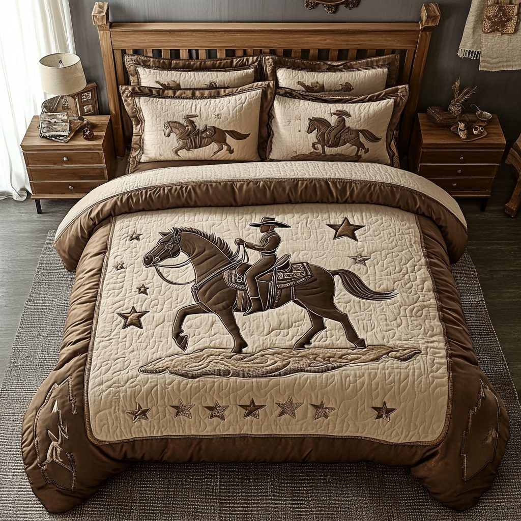 Trail Blossom quilted 3-piece bedding set on a made bed with two matching pillow shams