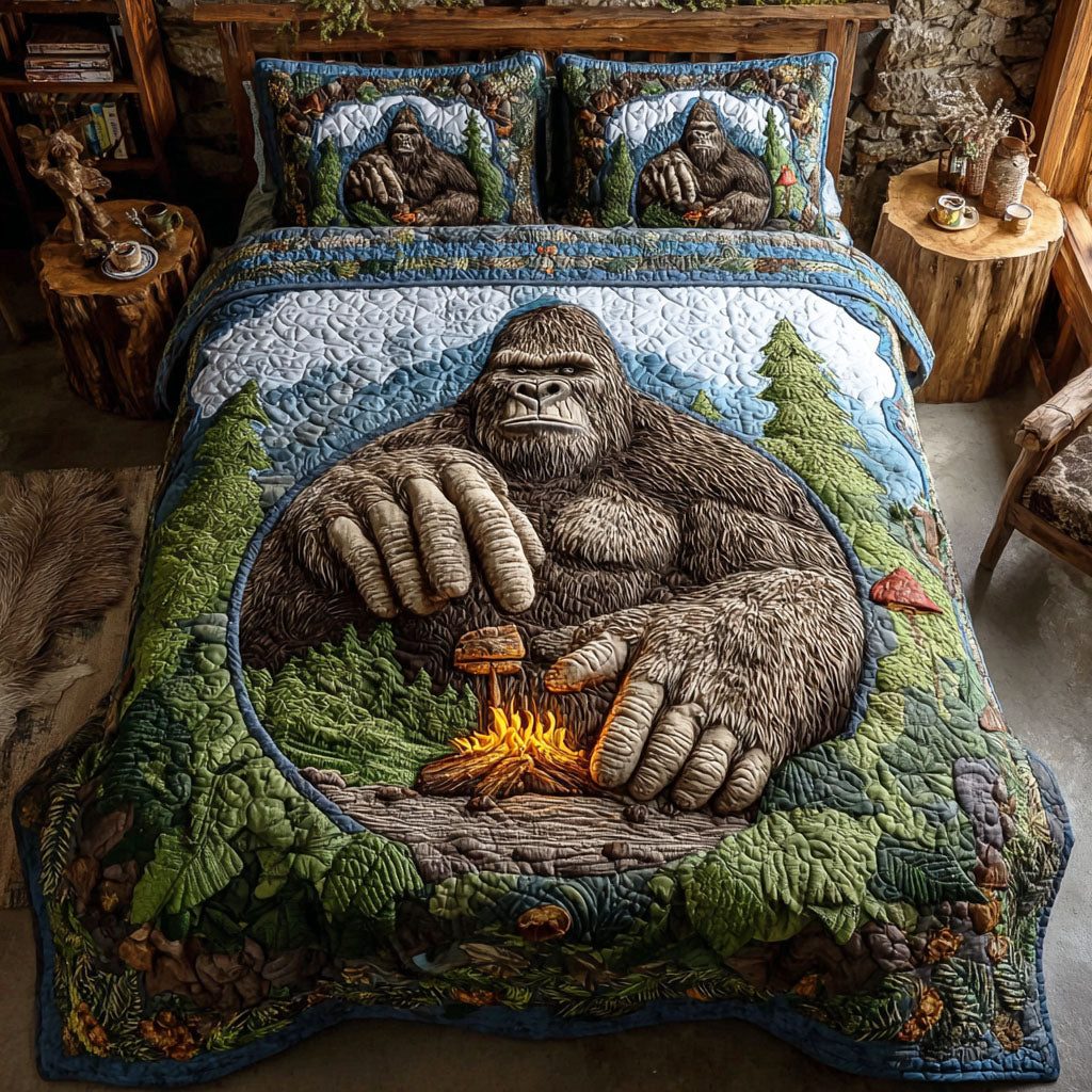 Trail Stalker quilted 3-piece bedding set on a made bed with two matching pillow shams