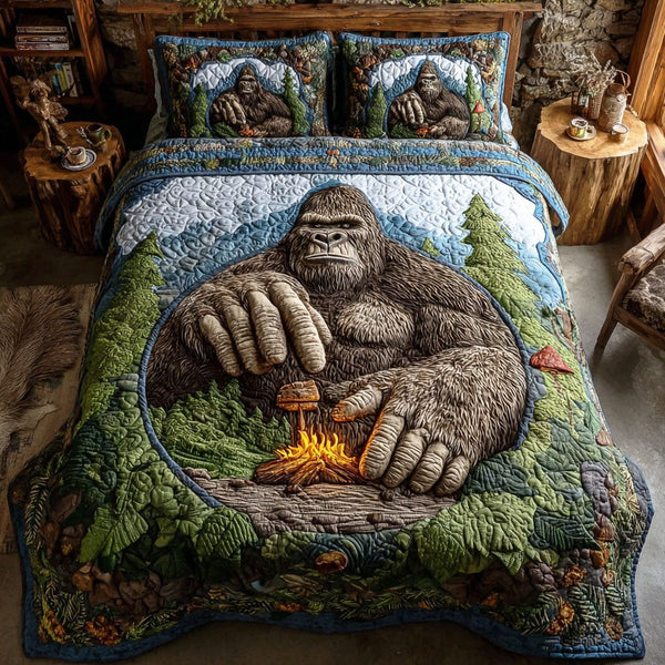 Trail Stalker quilted 3-piece bedding set on a made bed with two matching pillow shams