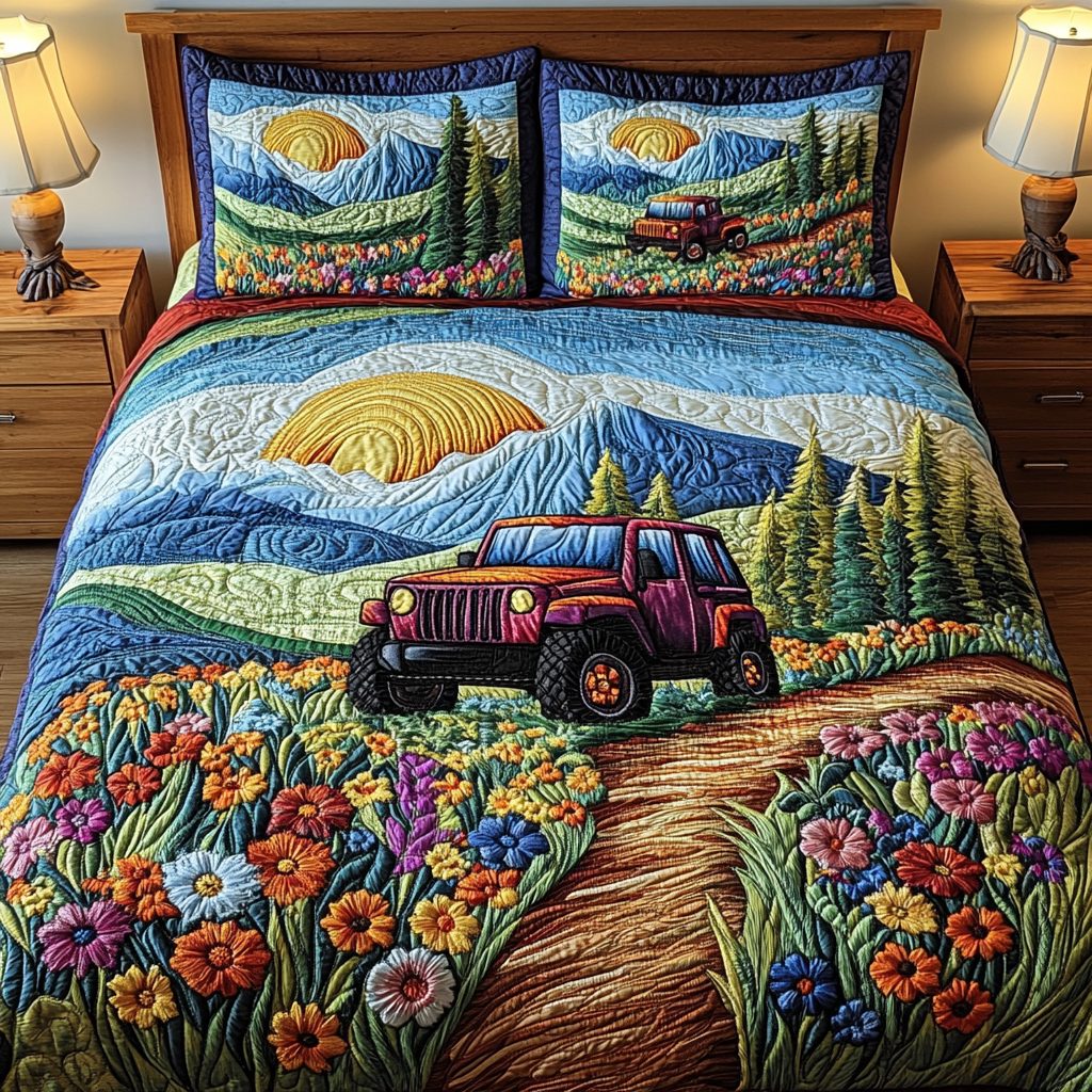 Trail Trek quilted 3-piece bedding set on a made bed with two matching pillow shams