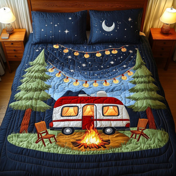 Trailblazer Gear quilted 3-piece bedding set on a made bed with two matching pillow shams