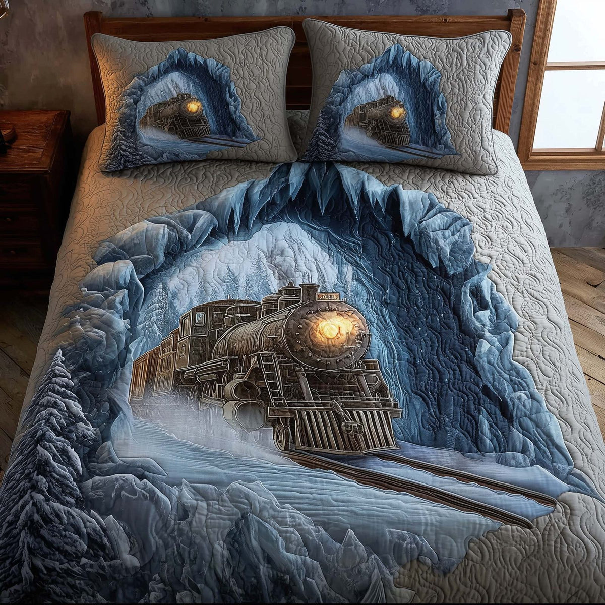 Train Journey quilted 3-piece bedding set on a made bed with two matching pillow shams